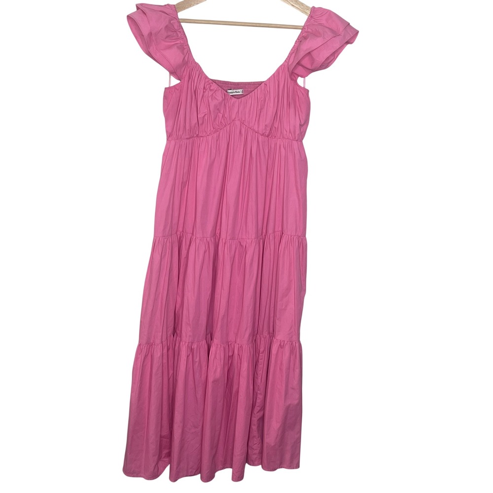 Abercrombie & Fitch Pink Tiered Midi Dress Flutter Sleeve Smocked Back Womens M